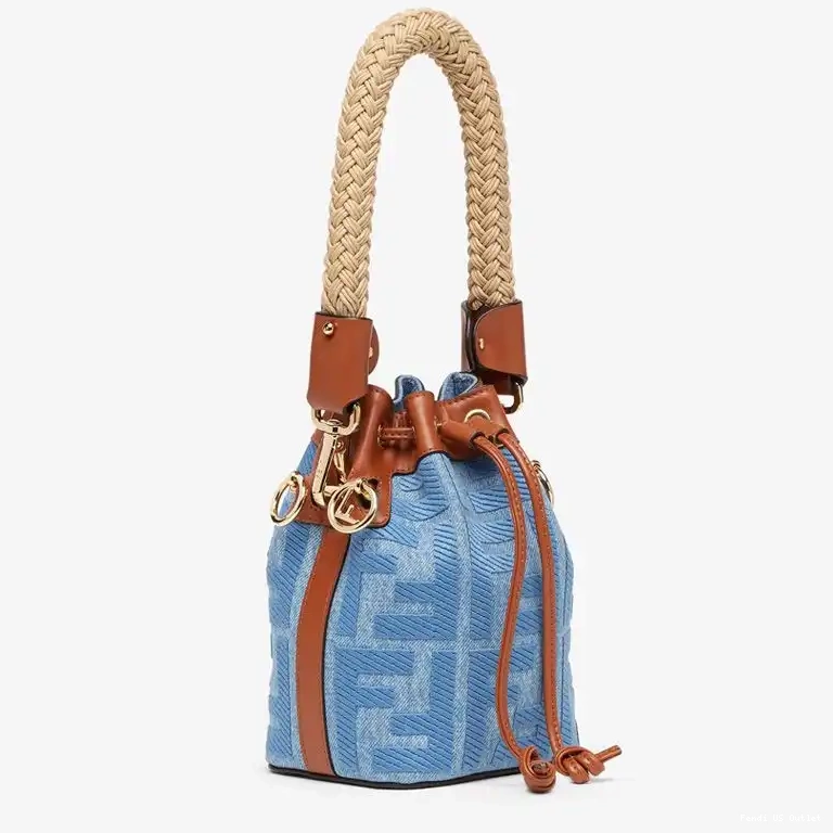 Affordable HOT Bag with FF Blue Mini Bucket In Handle Mon Straw Tresor Motif Straw Fendi 0616